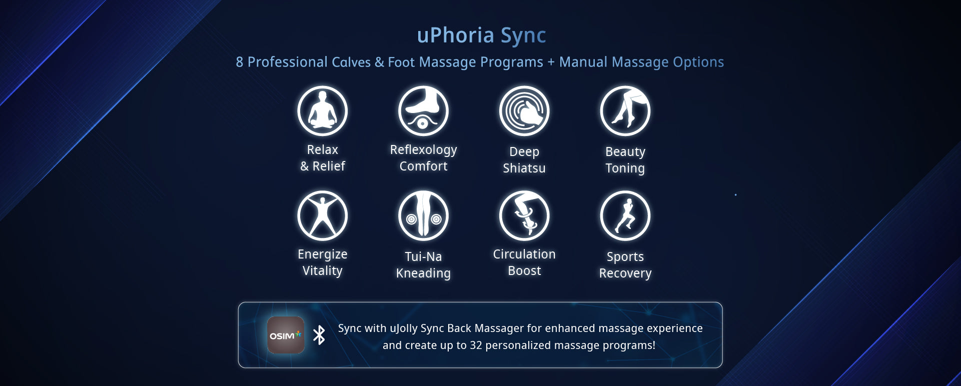 8 Professional Massage Programs + Manual Massage Options
Relax Energize Reflexology Circulation Deep Shiatsu Tui-Na Kneading Beauty Toning Sports Recovery

Sync with uJolly Sync Back Massager for enhanced massage experience and create up to 32 personalized massage programs!