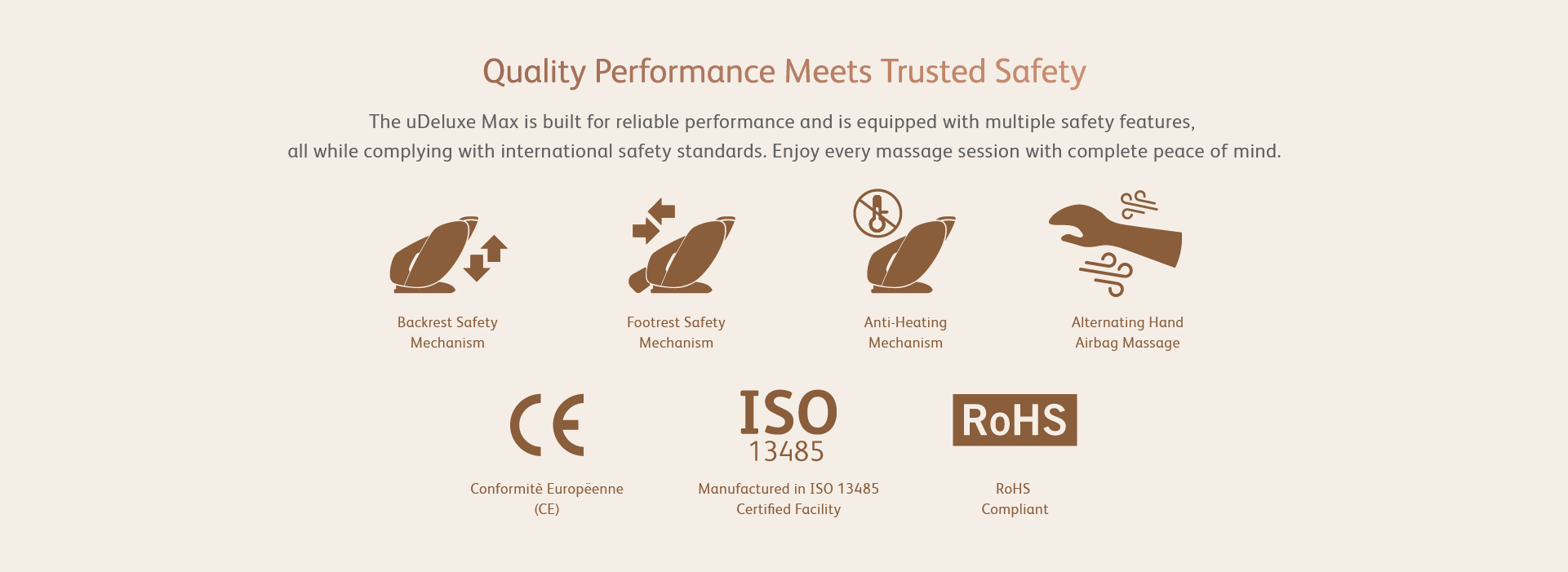 The OSIM uDeluxe Max Massage Chair is built for reliable performance and is equipped with multiple safety features, all while complying with international safety standards. Enjoy every massage session with complete peace of mind.