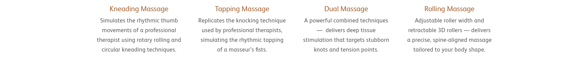 Kneading Massage - Simulates the rhythmic thumb movements of a professional therapist using rotary rolling and circular kneading techniques.
Tapping Massage - Replicates the knocking technique used by professional therapists, simulating the rhythmic tapping of a masseur’s fists.
Dual Massage - A powerful combined techniques —  delivers deep tissue stimulation that targets stubborn knots and tension points.
Rolling Massage - Adjustable roller width and retractable 3D rollers — delivers a precise, spine-aligned massage tailored to your body shape.